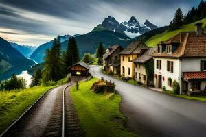 uma estrada dentro a montanhas com casas e uma trem. gerado por IA foto