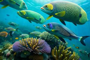 uma grupo do peixe natação sobre uma coral recife. gerado por IA foto