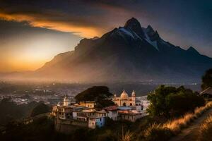 a Sol conjuntos sobre a montanhas e a cidade do pessoa. gerado por IA foto