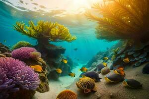 a embaixo da agua cena com colorida coral e peixe. gerado por IA foto