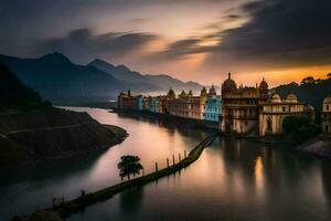 a Sol conjuntos sobre a rio dentro Índia. gerado por IA foto