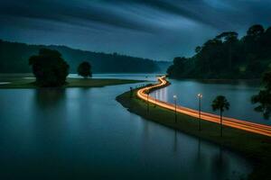 uma grandes exposição fotografia do uma estrada e água. gerado por IA foto