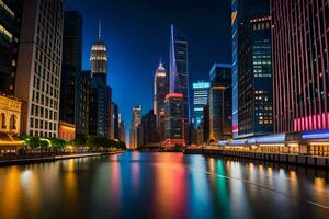 uma cidade às noite com uma rio e edifícios. gerado por IA foto