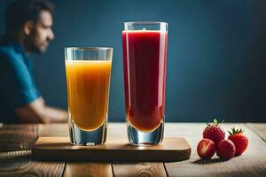 dois óculos do suco em uma mesa. gerado por IA foto