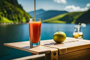 uma vidro do suco e a maçã em uma mesa perto uma lago. gerado por IA foto
