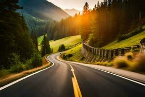 uma estrada dentro a montanhas com a Sol contexto. gerado por IA foto