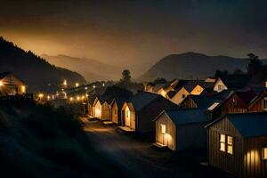 foto papel de parede a céu, noite, montanhas, casas, a Vila, a luzes, a luzes. gerado por IA