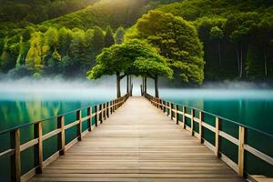 uma de madeira ponte conduz para uma lago cercado de árvores gerado por IA foto