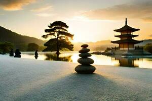 uma japonês pagode e pedras dentro a água às pôr do sol. gerado por IA foto
