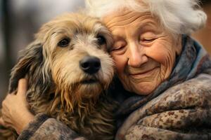 fechar acima do velho mulher abraçando dela cachorro bokeh estilo fundo com generativo ai foto