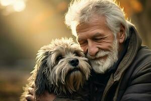 fechar acima do velho homem abraçando dele cachorro bokeh estilo fundo com generativo ai foto