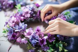 fechar acima mulher mão arranjo flores em mesa bokeh estilo fundo com generativo ai foto