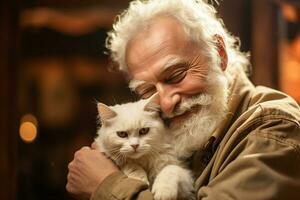 fechar acima do velho homem abraçando dele gato bokeh estilo fundo com generativo ai foto
