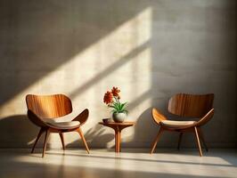 dois de madeira couro cadeiras com uma café mesa dentro uma moderno casa ai generativo foto