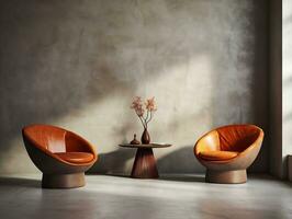 dois de madeira couro cadeiras com uma café mesa dentro uma moderno casa ai generativo foto