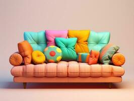 colorida sofá com colorida almofadas em uma luz Rosa fundo ai generativo foto