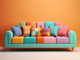colorida sofá com colorida almofadas em uma luz Rosa fundo ai generativo foto