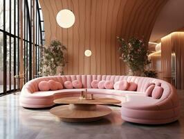 Rosa curvado sofá com Rosa almofadas e uma mesa meio do a vivo quarto ai generativo foto