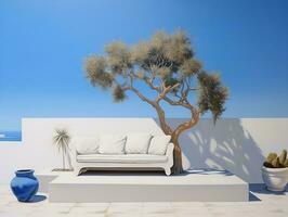 lindo terraço com ampla branco madeira mobília mesa e sofá com Oliva árvore dentro Panela ai generativo foto