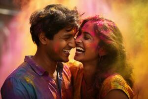 feliz indiano casal com holi pó em seus face às holi festival bokeh estilo fundo com generativo ai foto