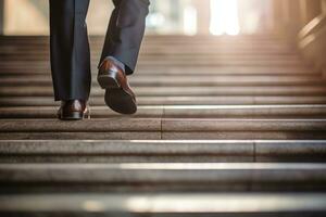 uma o negócio homem caminhando acima a passos bokeh estilo fundo com generativo ai foto