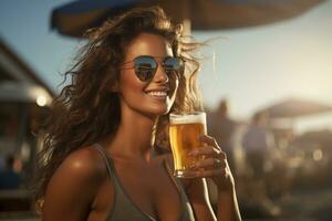 mulher sorridente e segurando uma Cerveja às a de praia bokeh estilo fundo com generativo ai foto