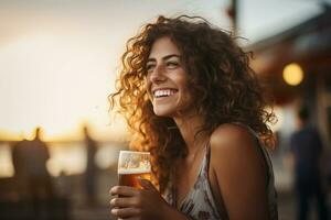 mulher sorridente e segurando uma Cerveja às a de praia bokeh estilo fundo com generativo ai foto