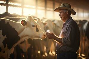 agricultor homem pastar vacas dentro dele Fazenda bokeh estilo fundo com generativo ai foto