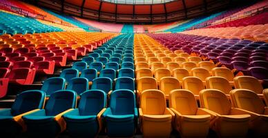 assentos dentro a estádio, Esportes arena futebol, hóquei, basquetebol, voleibol, tênis - ai gerado imagem foto