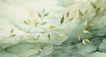 verde e ouro folhas dentro uma aguarela panorama com fluxo livre linhas e smokey fundo. ai gerado foto