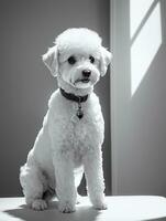 feliz cachorro bichon frise Preto e branco monocromático foto dentro estúdio iluminação