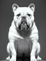 feliz cachorro buldogue Preto e branco monocromático foto dentro estúdio iluminação