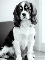 feliz descuidado rei Charles spaniel cachorro Preto e branco monocromático foto dentro estúdio iluminação