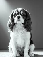 feliz descuidado rei Charles spaniel cachorro Preto e branco monocromático foto dentro estúdio iluminação