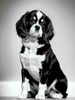 feliz descuidado rei Charles spaniel cachorro Preto e branco monocromático foto dentro estúdio iluminação