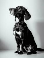 feliz dachshund cachorro Preto e branco monocromático foto dentro estúdio iluminação