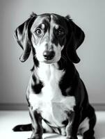 feliz dachshund cachorro Preto e branco monocromático foto dentro estúdio iluminação