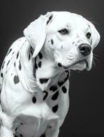 feliz dálmata cachorro Preto e branco monocromático foto dentro estúdio iluminação
