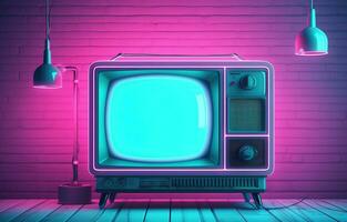 velho televisão dentro Rosa azul gradiente néon claro. retro colorida imagem. velho televisão néon generativo ai foto