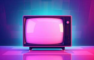 velho televisão dentro Rosa azul gradiente néon claro. retro colorida imagem. velho televisão néon generativo ai foto