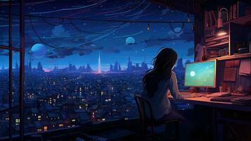 a menina é sentado às a escrivaninha dentro quarto interior com cidade noite Visão a partir de janela. quarto desenho animado estilo. generativo ai foto