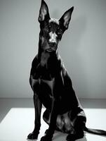 feliz doberman pinscher cachorro Preto e branco monocromático foto dentro estúdio iluminação