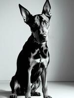 feliz doberman pinscher cachorro Preto e branco monocromático foto dentro estúdio iluminação