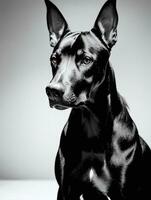 feliz doberman pinscher cachorro Preto e branco monocromático foto dentro estúdio iluminação