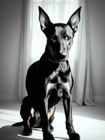 feliz doberman pinscher cachorro Preto e branco monocromático foto dentro estúdio iluminação