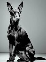 feliz doberman pinscher cachorro Preto e branco monocromático foto dentro estúdio iluminação