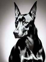 feliz doberman pinscher cachorro Preto e branco monocromático foto dentro estúdio iluminação