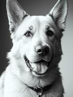 feliz alemão pastor cachorro Preto e branco monocromático foto dentro estúdio iluminação