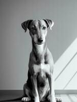 feliz galgo cachorro Preto e branco monocromático foto dentro estúdio iluminação
