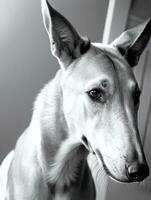 feliz galgo cachorro Preto e branco monocromático foto dentro estúdio iluminação